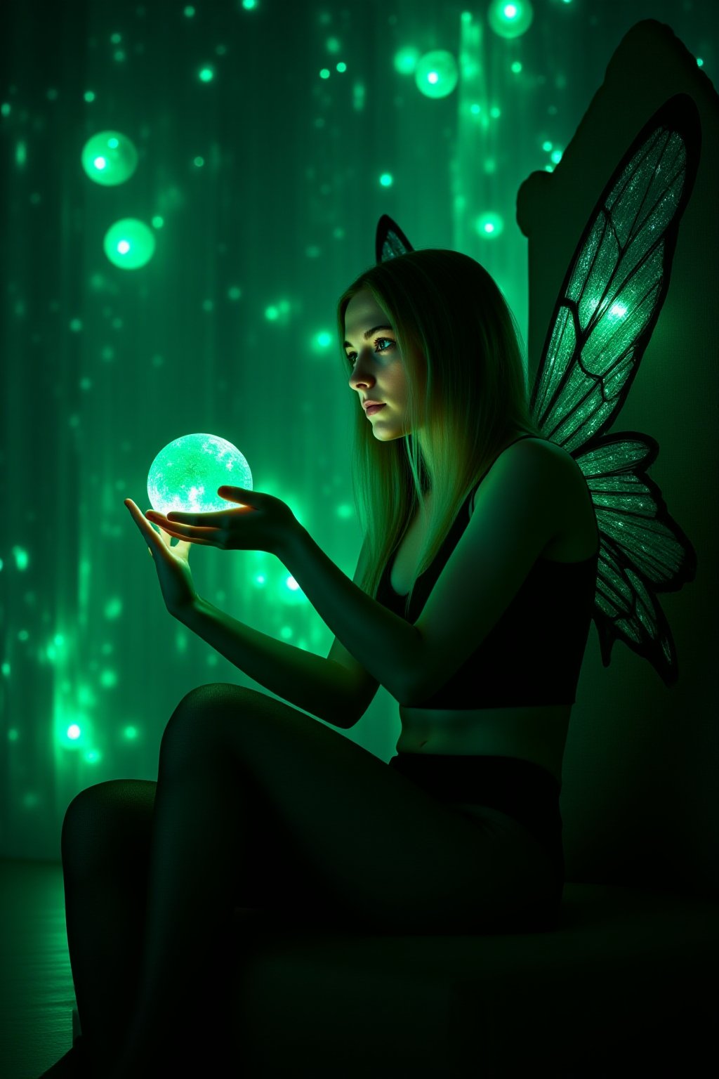 1girl, HKMagic, A beautiful fairy wearing black sheer pantyhose,  with glowing wings is sitting in crystalz throne in magic library as she looks at big green orb of magic and spells. She has detailed facial features and there is a glowing green light in the background with cinematic lighting, fairycore, hkmagic, masterpiece, best quality, highly detailed, sharp focus, dynamic lighting, no shoes, black pantyhose, full body shot,Details,Skin texture 