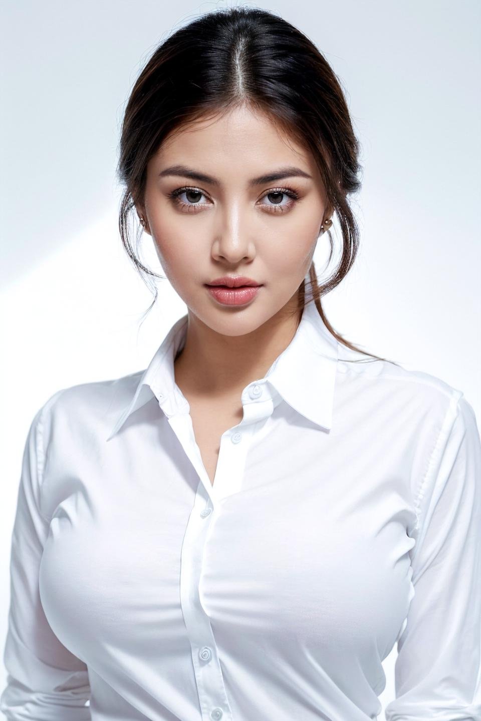 photo of beautiful young woman with big boobs (simple background , white background), (looking at viewer, eye contact. beautiful eyes), (((white collared shirt, office lady))), from above, (masterpiece, best quality, incredible detail, perfect lighting, ultra high skin detail:1.2), perfect face,  ((full body:1.4)),<lora:alya_AB1:0.25> <lora:arieltatum_X1:0.65>