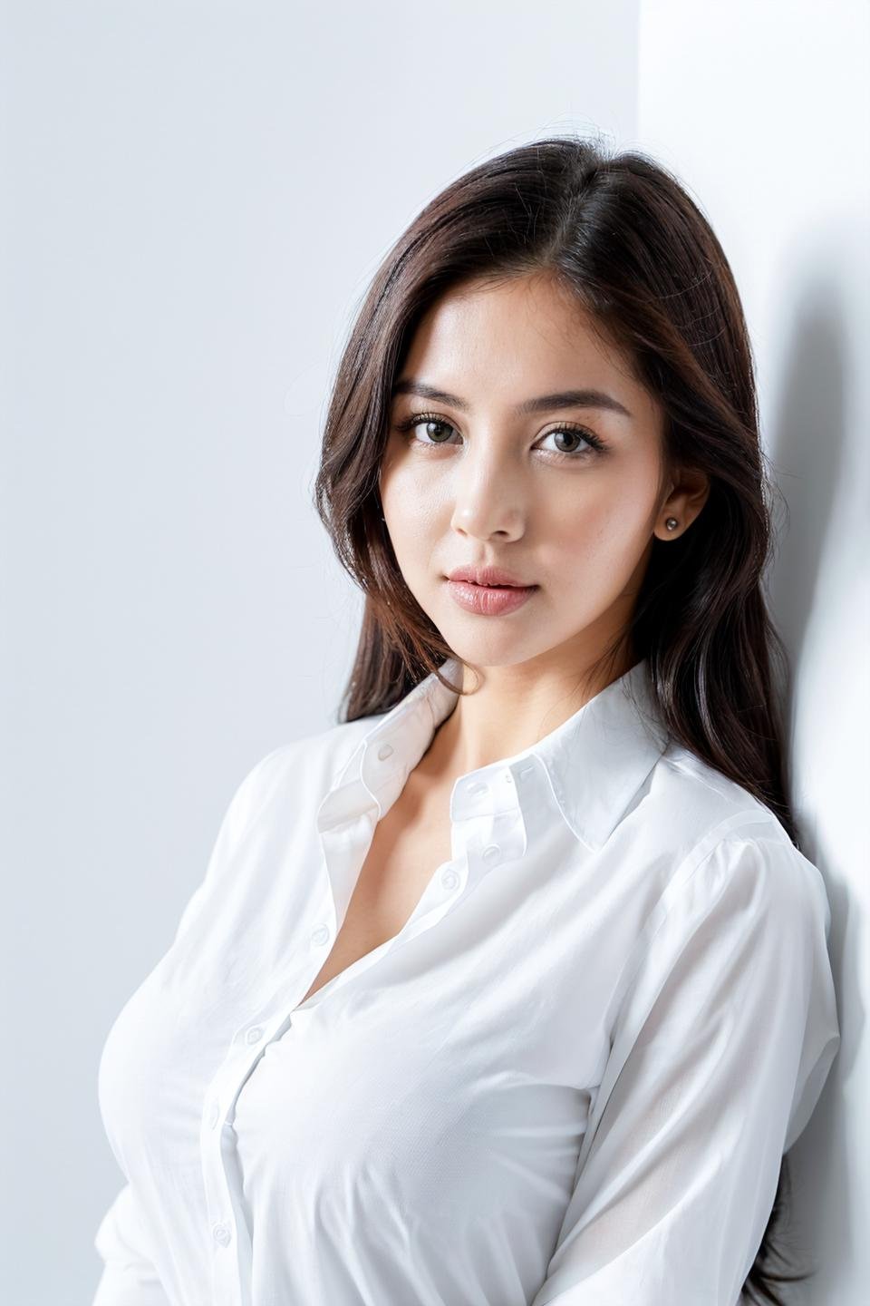 photo of beautiful young woman with big boobs (simple background , white background), (looking at viewer, eye contact. beautiful eyes), (((white collared shirt, office lady))), from above, (masterpiece, best quality, incredible detail, perfect lighting, ultra high skin detail:1.2), perfect face,  ((full body:1.4)),<lora:alya_AB1:0.25> <lora:arieltatum_X1:0.65>