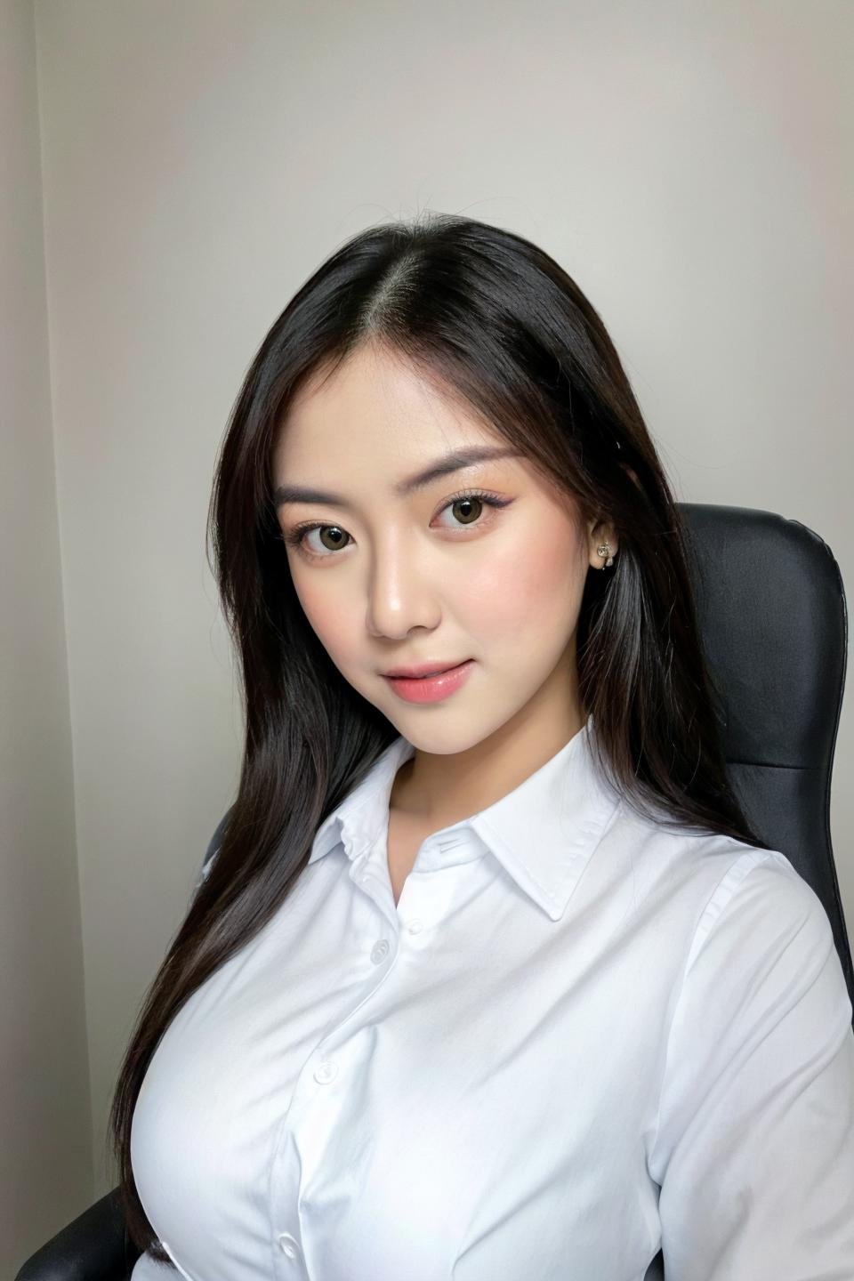 photo of beautiful young woman with big boobs (simple background , white background), (looking at viewer, eye contact. beautiful eyes), (((white collared shirt, office lady))), from above, (masterpiece, best quality, incredible detail, perfect lighting, ultra high skin detail:1.2), perfect face,  ((full body:1.4)),  <lora:alya_AB1:0.15>   <lora:shellafernanda_X1:0.55>