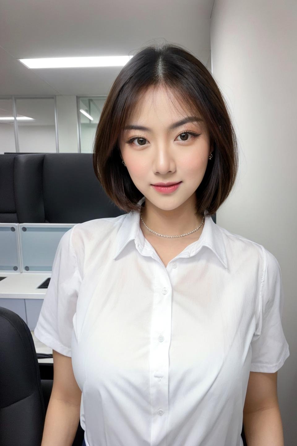 photo of beautiful young woman with big boobs (simple background , white background), (looking at viewer, eye contact. beautiful eyes), (((white collared shirt, office lady))), from above, (masterpiece, best quality, incredible detail, perfect lighting, ultra high skin detail:1.2), perfect face,  ((full body:1.4)),  <lora:alya_AB1:0.15>   <lora:shellafernanda_X1:0.55>