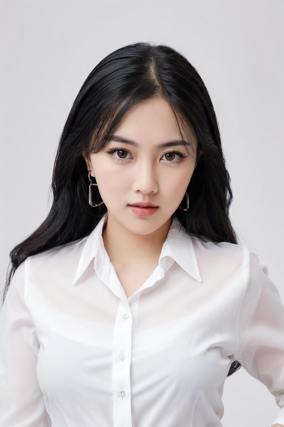 photo of beautiful young woman with big boobs (simple background , white background), (looking at viewer, eye contact. beautiful eyes), (((white collared shirt, office lady))), from above, (masterpiece, best quality, incredible detail, perfect lighting, ultra high skin detail:1.2), perfect face,  ((full body:1.4)),  <lora:alya_AB1:0.25>  <lora:sherlyjessi_X1:0.65>