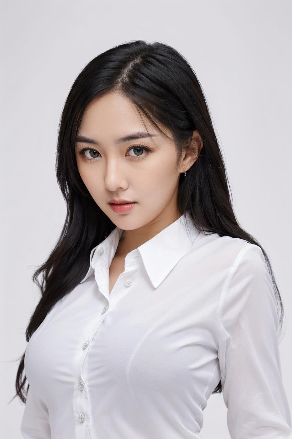 photo of beautiful young woman with big boobs (simple background , white background), (looking at viewer, eye contact. beautiful eyes), (((white collared shirt, office lady))), from above, (masterpiece, best quality, incredible detail, perfect lighting, ultra high skin detail:1.2), perfect face,  ((full body:1.4)),  <lora:alya_AB1:0.25>  <lora:sherlyjessi_X1:0.65>