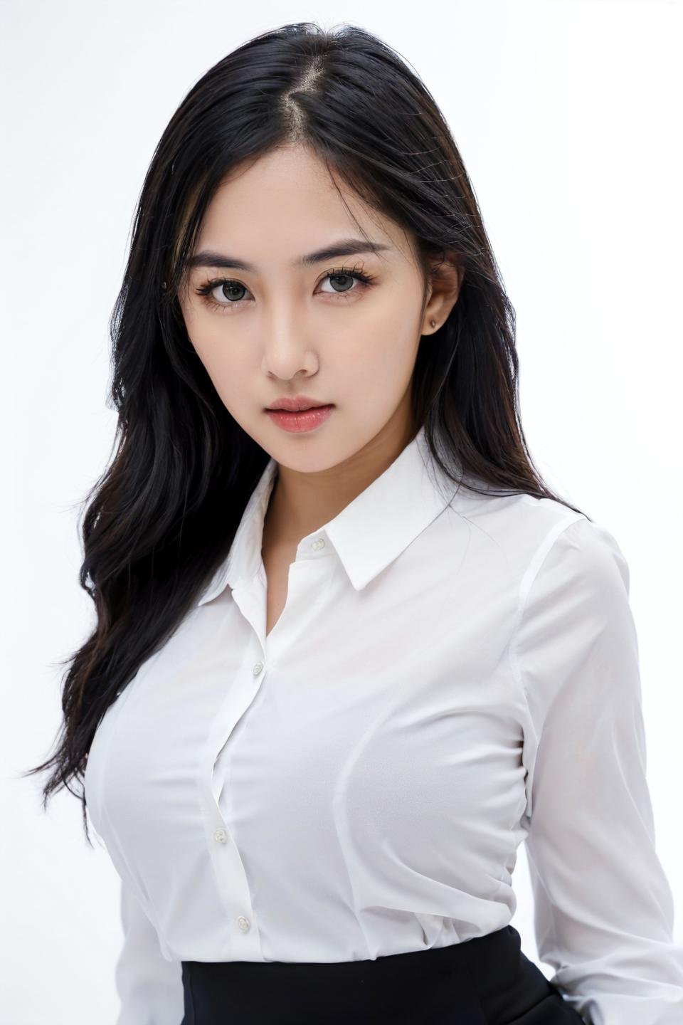 photo of beautiful young woman with big boobs (simple background , white background), (looking at viewer, eye contact. beautiful eyes), (((white collared shirt, office lady))), from above, (masterpiece, best quality, incredible detail, perfect lighting, ultra high skin detail:1.2), perfect face,  ((full body:1.4)),  <lora:alya_AB1:0.25>  <lora:sherlyjessi_X1:0.65>