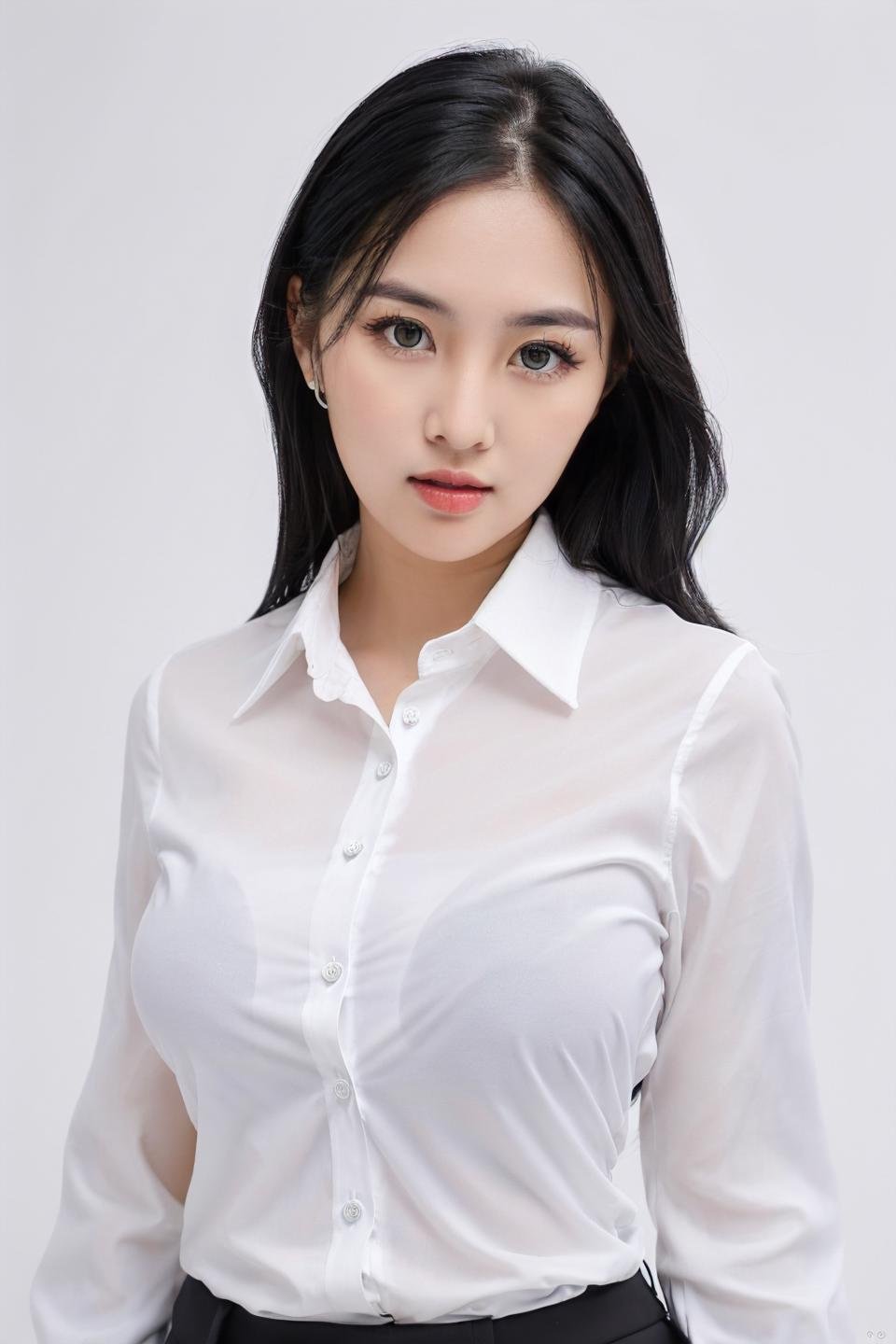 photo of beautiful young woman with big boobs (simple background , white background), (looking at viewer, eye contact. beautiful eyes), (((white collared shirt, office lady))), from above, (masterpiece, best quality, incredible detail, perfect lighting, ultra high skin detail:1.2), perfect face,  ((full body:1.4)),  <lora:alya_AB1:0.25>  <lora:sherlyjessi_X1:0.65>