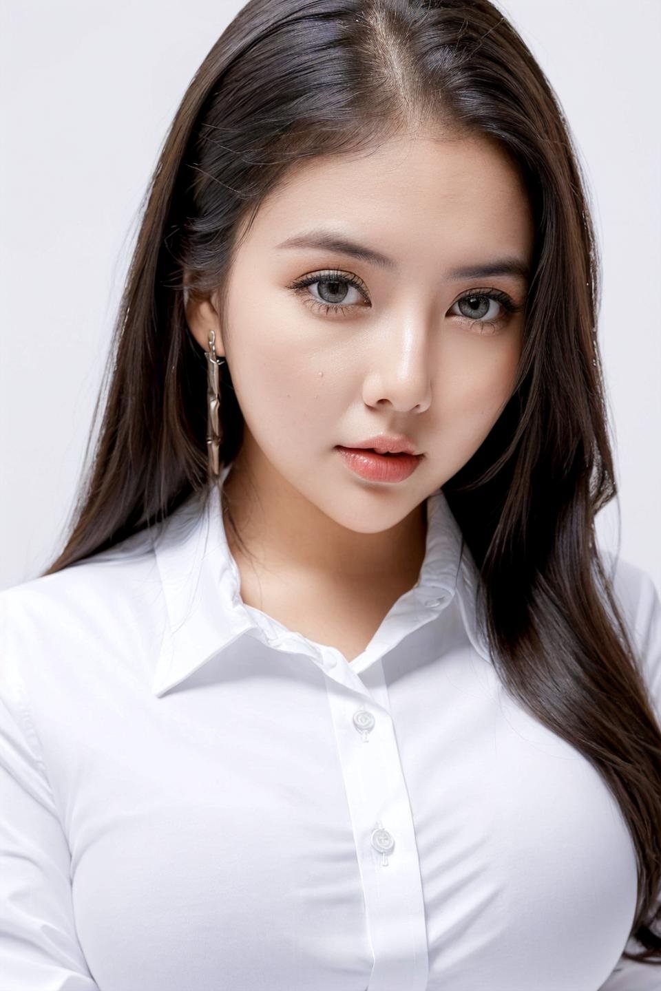 photo of beautiful young woman with big boobs (simple background , white background), (looking at viewer, eye contact. beautiful eyes), (((white collared shirt, office lady))), from above, (masterpiece, best quality, incredible detail, perfect lighting, ultra high skin detail:1.2), perfect face,  ((full body:1.4)),<lora:alya_AB1:0.25>  <lora:triayu_X1:0.76>