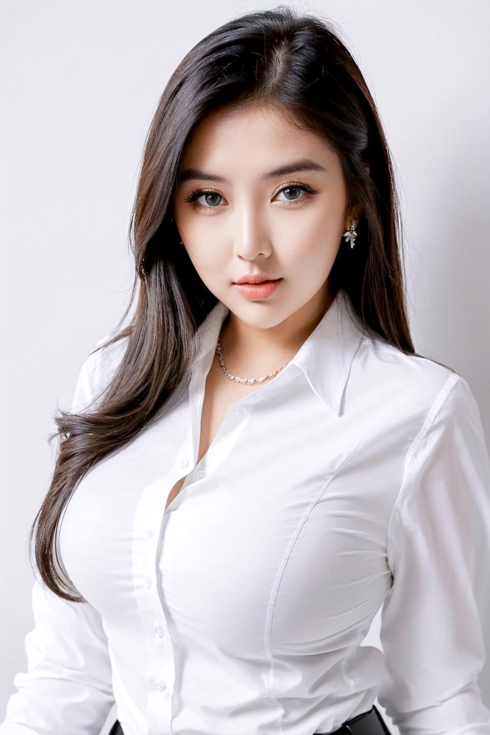 photo of beautiful young woman with big boobs (simple background , white background), (looking at viewer, eye contact. beautiful eyes), (((white collared shirt, office lady))), from above, (masterpiece, best quality, incredible detail, perfect lighting, ultra high skin detail:1.2), perfect face,  ((full body:1.4)),<lora:alya_AB1:0.25>  <lora:triayu_X1:0.76>