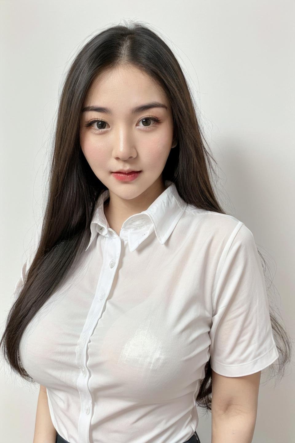 photo of beautiful young woman with big boobs (simple background , white background), (looking at viewer, eye contact. beautiful eyes), (((white collared shirt, office lady))), from above, (masterpiece, best quality, incredible detail, perfect lighting, ultra high skin detail:1.2), perfect face,  ((full body:1.4)),  <lora:alya_AB1:0.25>  <lora:nakonsri_X1:0.65>