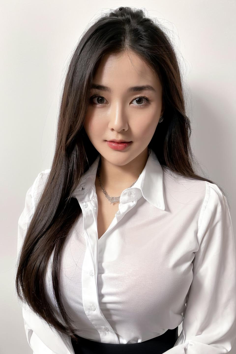 photo of beautiful young woman with big boobs (simple background , white background), (looking at viewer, eye contact. beautiful eyes), (((white collared shirt, office lady))), from above, (masterpiece, best quality, incredible detail, perfect lighting, ultra high skin detail:1.2), perfect face,  ((full body:1.4)),  <lora:nakonsri_X2:0.75>