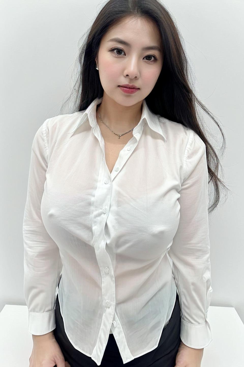 photo of beautiful big boobs young woman, (((simple background , white background))), (looking at viewer, eye contact. beautiful eyes), (((white collared shirt, office lady))), from above, (masterpiece, best quality, incredible detail, perfect lighting, ultra high skin detail:1.2), perfect face,  ((full body:1.4)),  <lora:thuytrang_X1:0.7>