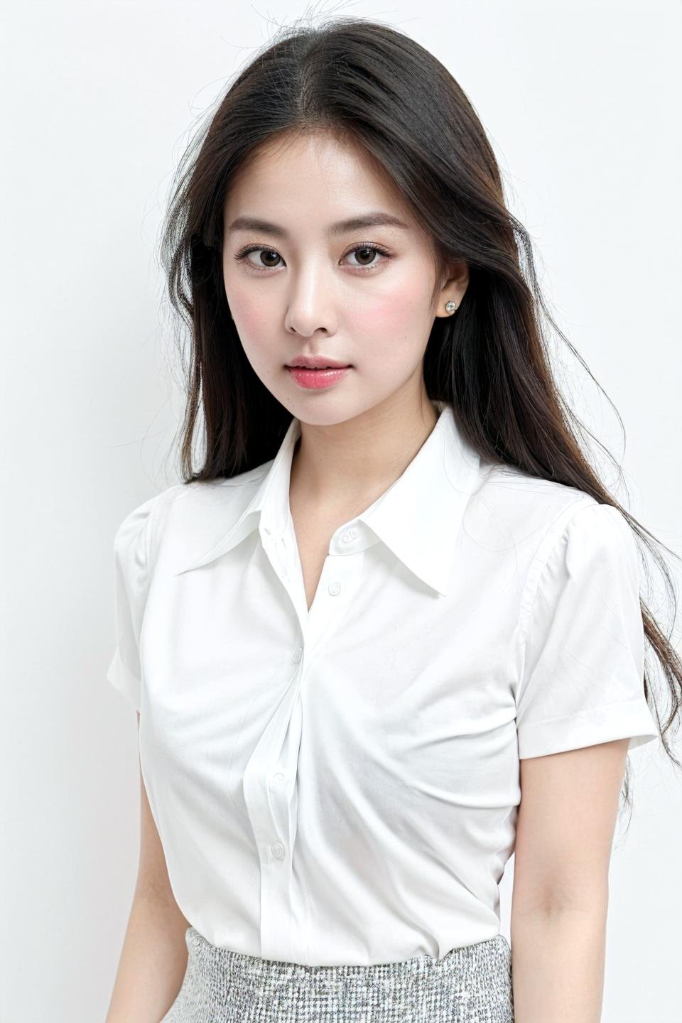 photo of beautiful young woman, (((simple background , white background))), (looking at viewer, eye contact. beautiful eyes), (((white collared shirt, office lady))), from above, (masterpiece, best quality, incredible detail, perfect lighting, ultra high skin detail:1.2), perfect face,  ((full body:1.4)),  <lora:thuytrang_X1:0.7>