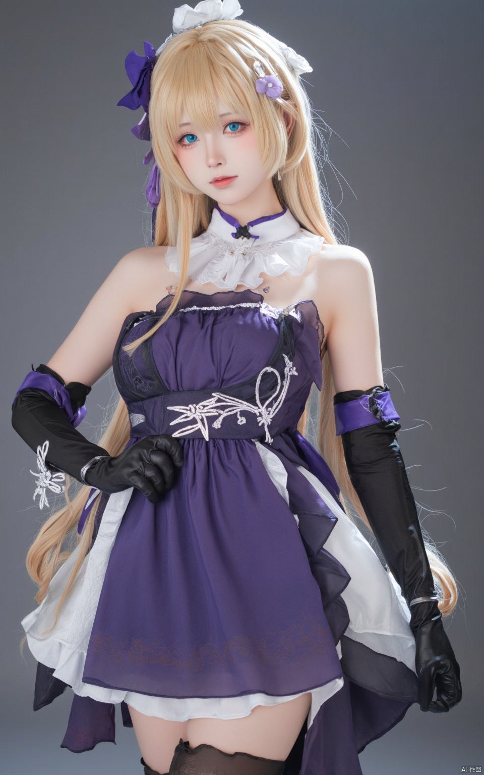 1girl, solo, long hair, breasts, looking at viewer, bangs, blonde hair, hair ornament, thighhighs, gloves, dress, standing, full body, black gloves, elbow gloves, black thighhighs, high heels, official alternate costume, purple dress, BREAK fine fabric emphasis,best quality,masterpiece,