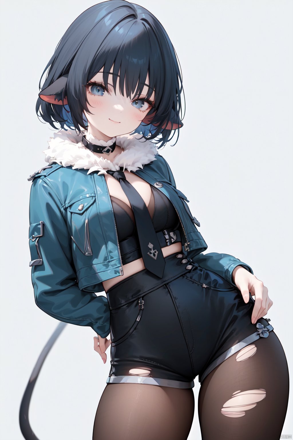 (score_9,score_8_up,score_7_up), (masterpiece),( beautiful),(high quality),(finely detailed),extremely detailed CG unity 8k wallpaper,best quality, 1girl, solo, small breasts, cleavage,looking at viewer, smile, short hair, bangs, simple background, shirt, black hair, thighhighs, long sleeves, white background, animal ears, closed mouth, green jacket, tail, pantyhose, cowboy shot, necktie, shorts, open jacket, grey eyes,book, fur trim, black shirt, thigh strap, black shorts, single thighhigh, arm behind back, asymmetrical legwear, fur collar, torn pantyhose, torn thighhighs, single leg pantyhose,jane