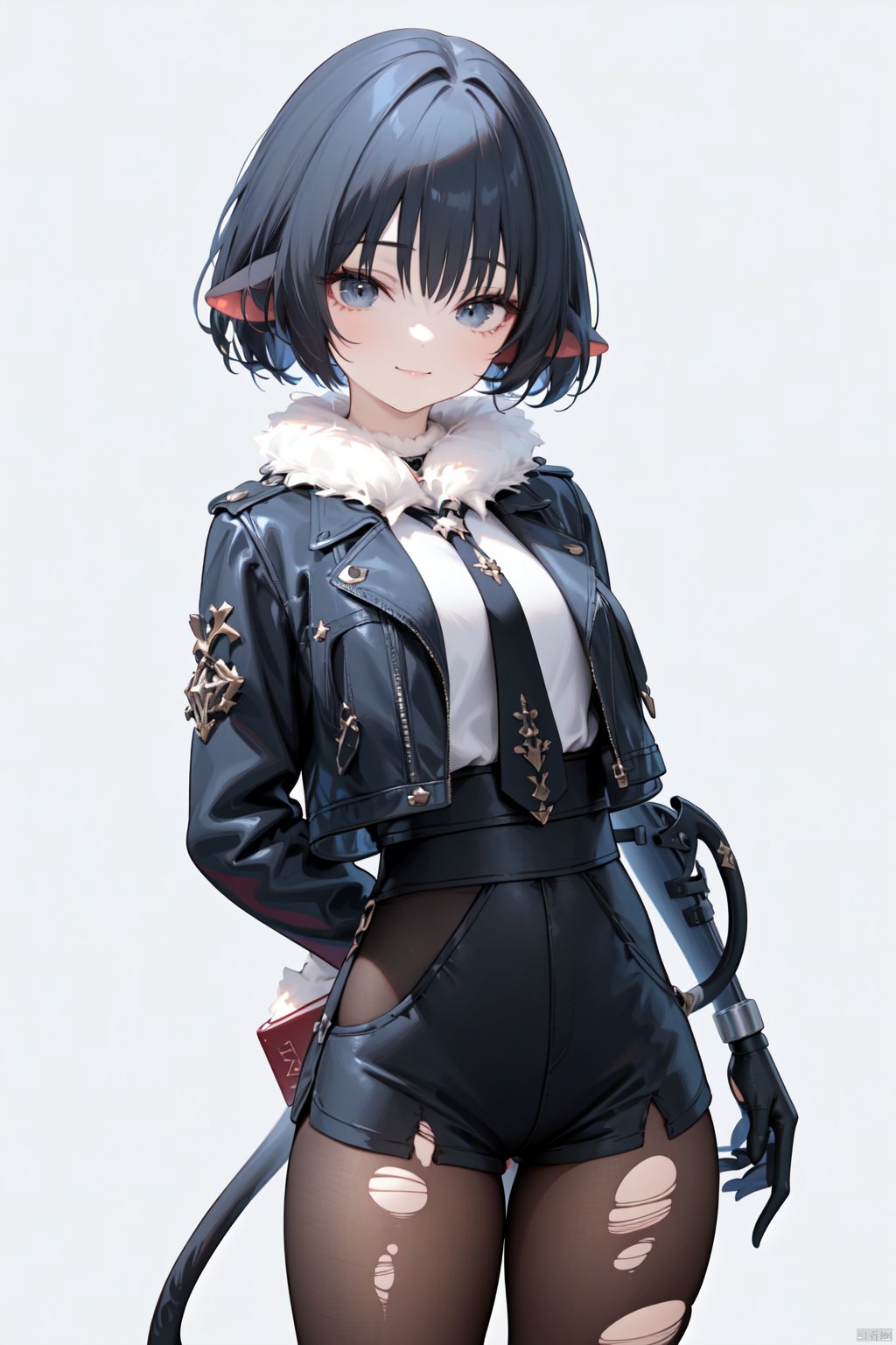 (score_9,score_8_up,score_7_up), (masterpiece),( beautiful),(high quality),(finely detailed),extremely detailed CG unity 8k wallpaper,best quality, 1girl, solo, small breasts, looking at viewer, smile, short hair, bangs, simple background, shirt, black hair, thighhighs, long sleeves, white background, animal ears, closed mouth, jacket, tail, pantyhose, cowboy shot, necktie, shorts, open jacket, grey eyes,book, fur trim, black shirt, thigh strap, black shorts, single thighhigh, arm behind back, asymmetrical legwear, fur collar, torn pantyhose, torn thighhighs, single leg pantyhose,jane