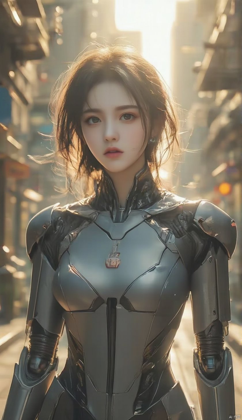  1girl,upper body,standing,looking at viewer,mechanical,mechanical city,human face,upperbody,out doors