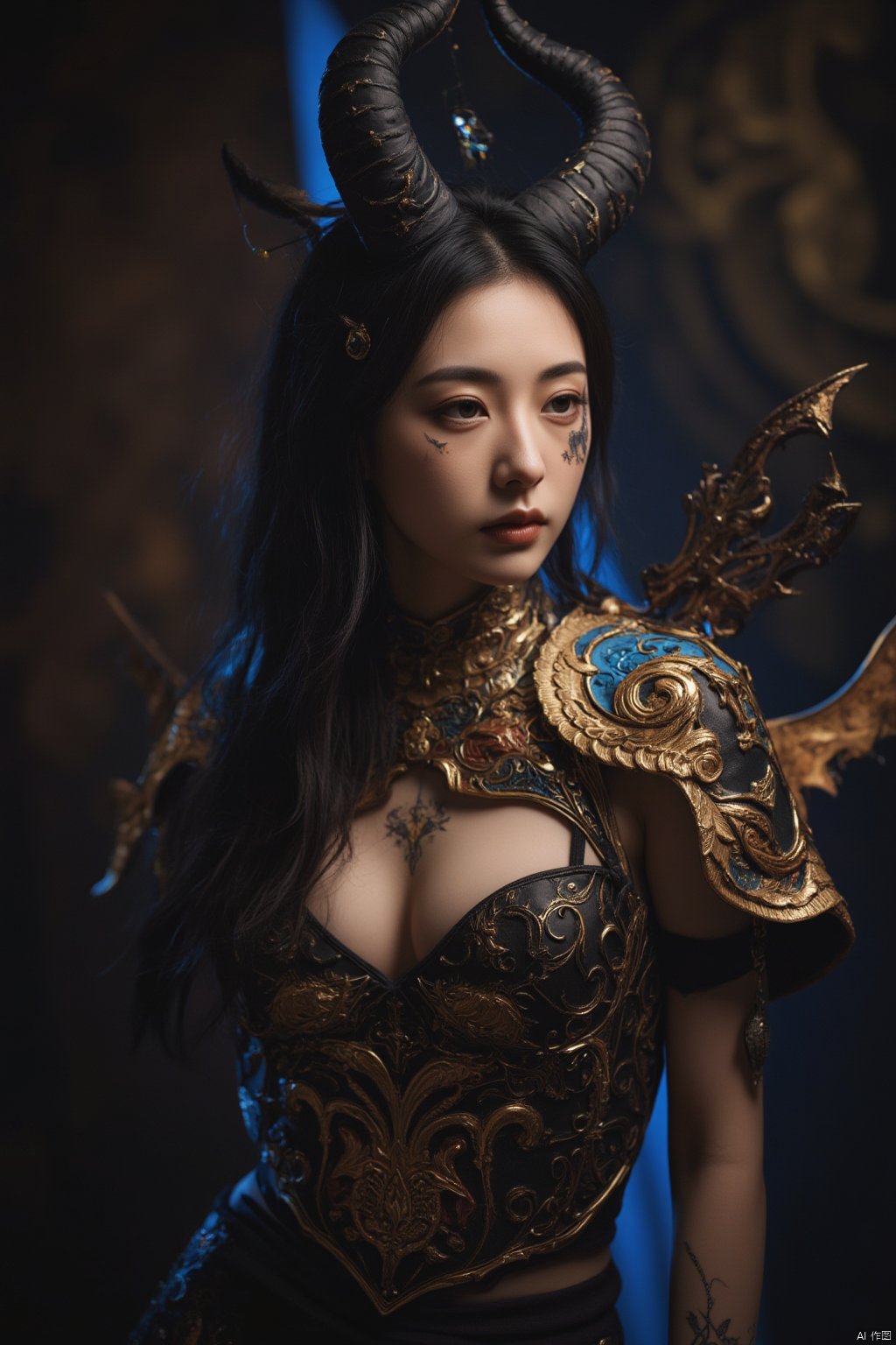 A majestic shot of a female banshee/Troll hybrid girl, exuding arrogance with an aura of 0.83. She stands tall, composed of {0Objects}, adorned with ornate demon wings and decorated armor featuring intricate patterns and beautiful tattoos. Subtle shadows accentuate her features, while iridescent gold adds a touch of luxury. The cinematic lighting creates sharp focus on her stunning heart-shaped face, showcasing ultra-detailed features and fine details. She wears a short dress/sheath dress/Hip wrap skirt, completing the surrealism-inspired ensemble, reminiscent of K-pop's high-fashion aesthetic.