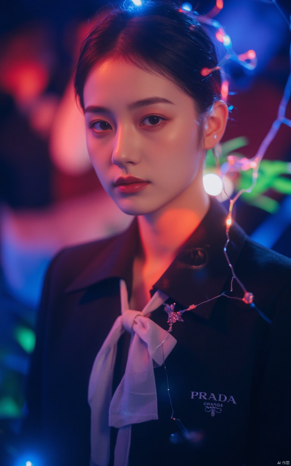 A stunning masterpiece! In a studio setting, a 21-year-old woman dressed in a Prada school uniform and elegant makeup with pink eyeshadow gazes directly at the viewer. Her gaze is enhanced by subtle side lighting, creating a sense of depth and dimensionality. The background is simple yet effective, allowing the subject to take center stage. The atmosphere is electric, with vibrant and colorful LED lights surrounding her, evoking the excitement of a nightclub setting. The wide-angle lens captures a dynamic composition, featuring detailed textures and a classy aesthetic that exudes confidence and sophistication, as if she's ready to hit the dance floor.