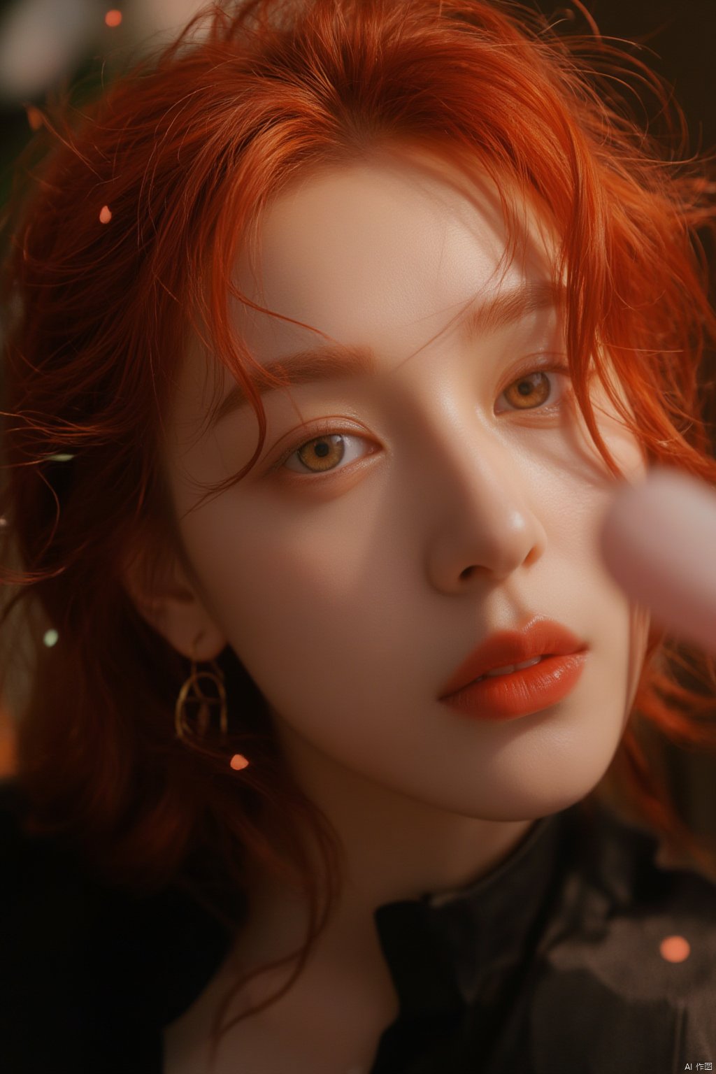 Create an ultra-realistic, photorealistic image of a stunning anime portrait of a red-haired girl with intense yellow eyes, showcasing intricate hand details and braided hair. Capture her in a close-up view, dressed in dark clothing with strong light and shadow contrasts accentuating her features. Her 17-year-old face should be rendered with perfect skin texture, realistic pores, and subtle facial expressions. The background should be equally detailed, with vibrant colors and dynamic particles swirling around her, as if taken by a Sony Alpha 7R IV camera with a Zeiss Otus 85mm F1.4 lens, ISO 100, shutter speed 1/400, resulting in a vivid picture with an analog feel.