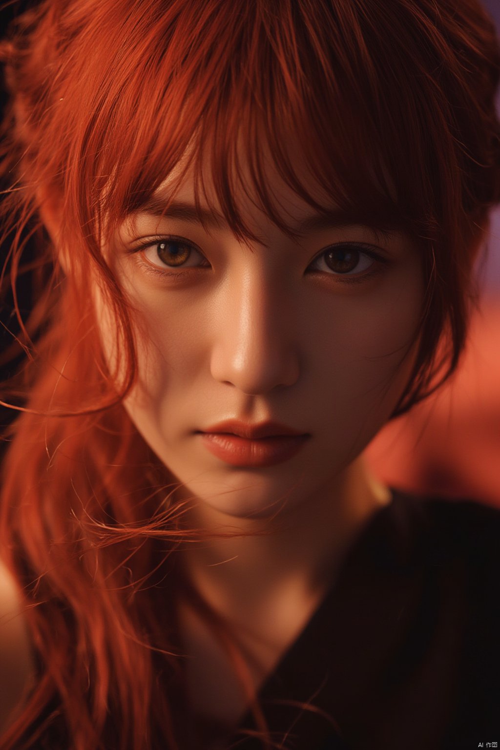 Create an ultra-realistic, photorealistic image of a stunning anime portrait of a red-haired girl with intense yellow eyes, showcasing intricate hand details and braided hair. Capture her in a close-up view, dressed in dark clothing with strong light and shadow contrasts accentuating her features. Her 17-year-old face should be rendered with perfect skin texture, realistic pores, and subtle facial expressions. The background should be equally detailed, with vibrant colors and dynamic particles swirling around her, as if taken by a Sony Alpha 7R IV camera with a Zeiss Otus 85mm F1.4 lens, ISO 100, shutter speed 1/400, resulting in a vivid picture with an analog feel.