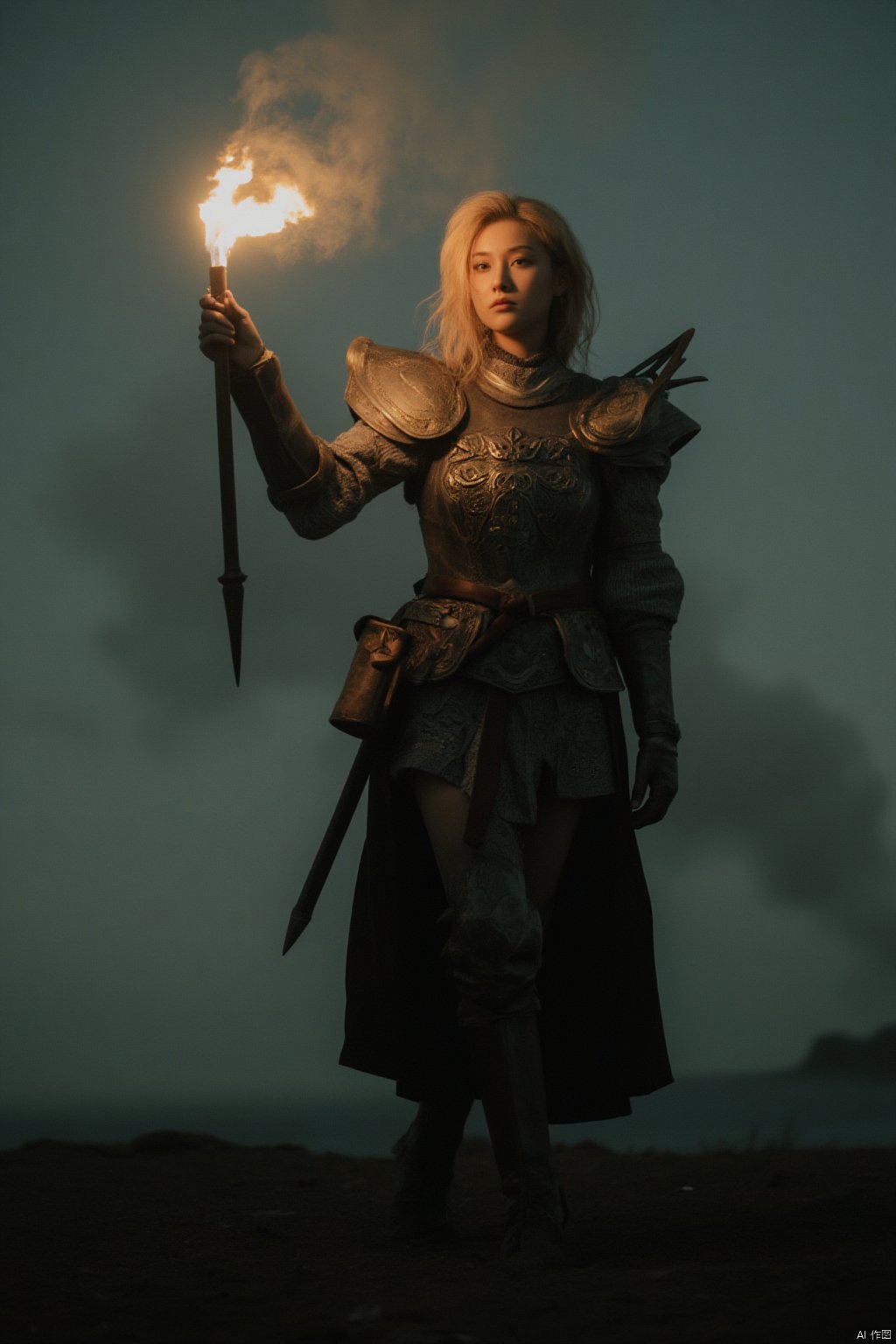 In a cinematic portrait, a fearless medieval warrior woman strides confidently across a desolate landscape, her determined gaze piercing the foreboding darkness like a beacon of courage. Her steady hand cradles a fire torch ablaze, casting warm golden light upon her intricately armored figure. The misty veil surrounding her hints at ancient mysticism, as subtle shadows whisper secrets of a bygone era. Her resolute stride cuts through the eerie atmosphere, her beautiful detailed face and eyes illuminated with an inner fire that seems to defy the darkness. The soft idyllic background subtly contrasts with the ominous presence lurking in the shadows, where dark silhouettes of malevolent demons seem to conspire against her courageous spirit.