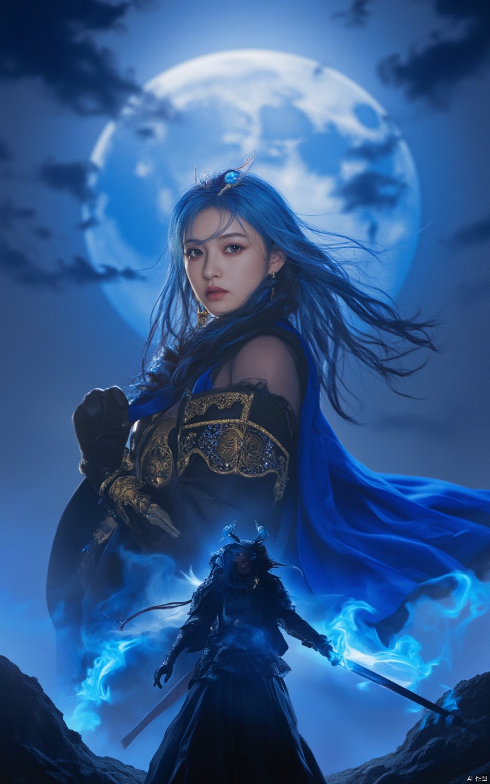 A majestic hubg girl stands proudly from below, her sky blue hair and eye radiating an otherworldly glow. A delicate hair ornament adorns her locks as she holds a samurai sword at the ready. Her armor, inlaid with gold filigree and onyx, shines beneath the soft light of a full moon. The air is aglow with a blue flame, casting a cinematic shadow across her features. In the foreground, a dark king looms, his figure silhouetted against the vibrant hues of her attire. A flowing sky blue cape billows behind her, as if swept by an unseen breeze. Ultra-realistic detail and sharp focus bring this fantasy art to life, immersing the viewer in a world of wonder.