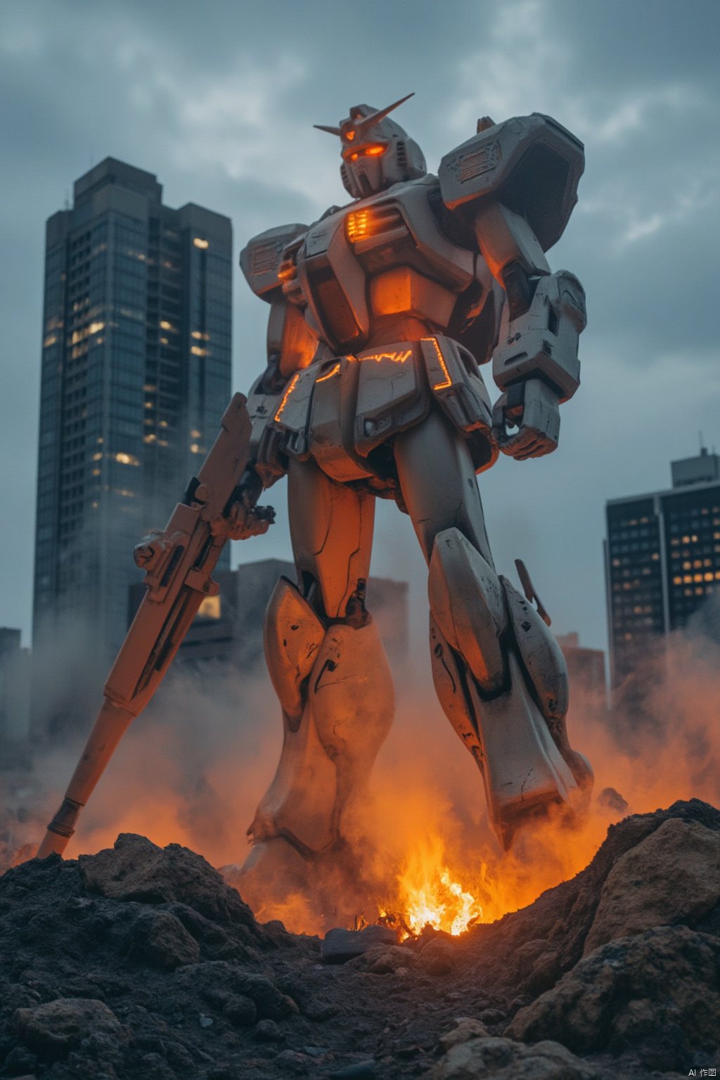 A masterpiece of destruction: A Vital Suit stands tall amidst the smoldering ruins of a cityscape, its complex mechanical structure glowing with an orange and white luminescence against the cloudy evening sky. The mecha's powerful body holds a massive gun at the ready, surrounded by the towering skyscrapers of the city. Smoke billows into the air as the skyline is ravaged by the chaos. In this apocalyptic landscape, there are no humans, only the mighty giant mecha, its presence both awe-inspiring and unsettling.