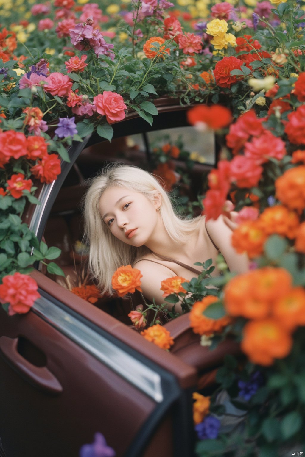 A young girl with striking white hair lounges lazily in a car filled to the brim with vibrant, colorful flowers - a riot of red, yellow, orange, purple, and blue blooms bursting forth from every nook and cranny. The interior shot is taken from within the car, where the soft, dreamy lo-fi light wraps around her, accentuating her youthful energy and cool expression. Her white hair shines like a beacon amidst the sea of petals, as if infused with an otherworldly essence. Flowers sprout from every surface, creating a whimsical, surreal atmosphere reminiscent of Rinko Kawauchi's art style. The Sigma Art Lens 35mm F1.4 and Canon EOS camera capture the intricate details with stunning clarity, rendering the scene in breathtaking high definition.