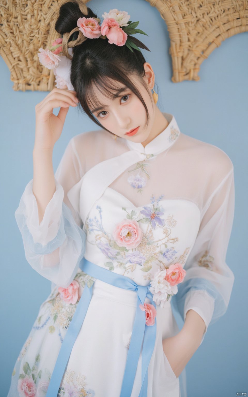 a woman dressed in a traditional Chinese dress adorned with flowers in her hair. Her dress is adorned with a blue belt, adorned with pink flowers, adding a touch of color to her outfit. The woman's hair is styled in a bun, with a few flowers pinned to it. The backdrop is a light blue wall adorned with wicker archways, adding depth to the scene.