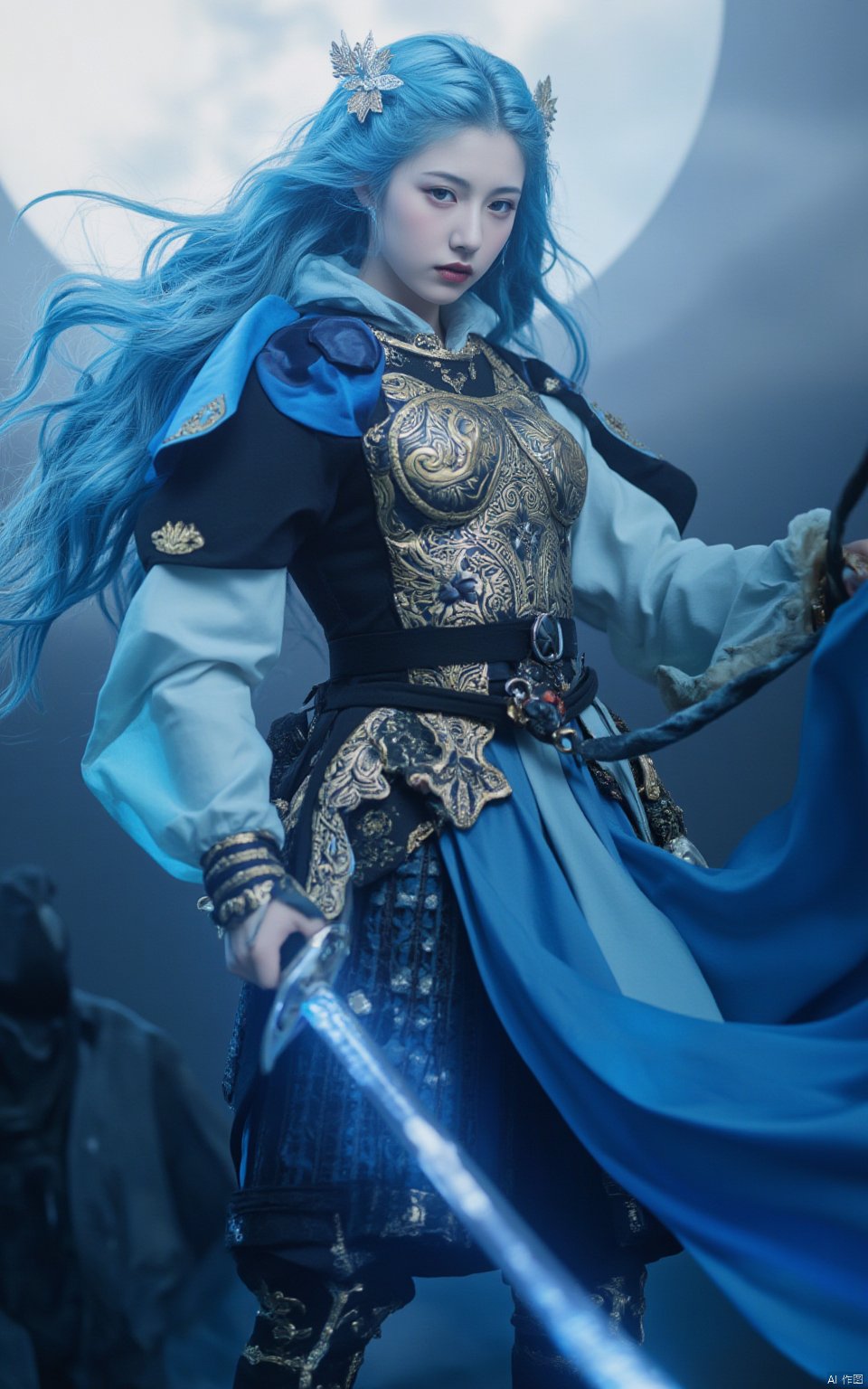 A majestic hubg girl stands proudly from below, her sky blue hair and eye radiating an otherworldly glow. A delicate hair ornament adorns her locks as she holds a samurai sword at the ready. Her armor, inlaid with gold filigree and onyx, shines beneath the soft light of a full moon. The air is aglow with a blue flame, casting a cinematic shadow across her features. In the foreground, a dark king looms, his figure silhouetted against the vibrant hues of her attire. A flowing sky blue cape billows behind her, as if swept by an unseen breeze. Ultra-realistic detail and sharp focus bring this fantasy art to life, immersing the viewer in a world of wonder.