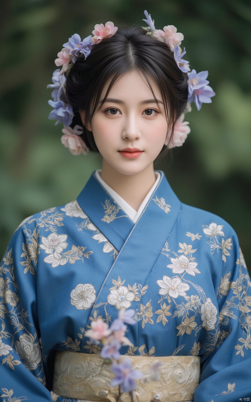 a beautiful Asian woman dressed in a blue kimono adorned with gold embroidery and a gold belt. Her hair is adorned with a crown of flowers, adding a touch of beauty to her face. The backdrop is blurred, creating a stark contrast to the woman's outfit.