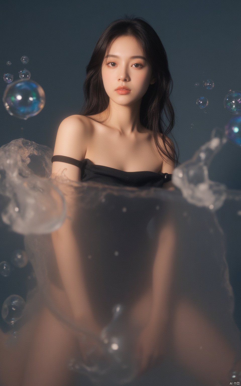 (ultra realistic,best quality),photorealistic portrait of 26yo hubggirl,She is stylish and glamorous with her long hair and delicate features,surrounded by surreal floating water bubbles,splash detailed,surreal dramatic lighting shadow (lofi, analog),kodak film,moment eyes,beautiful face,sexy girl,full_body,