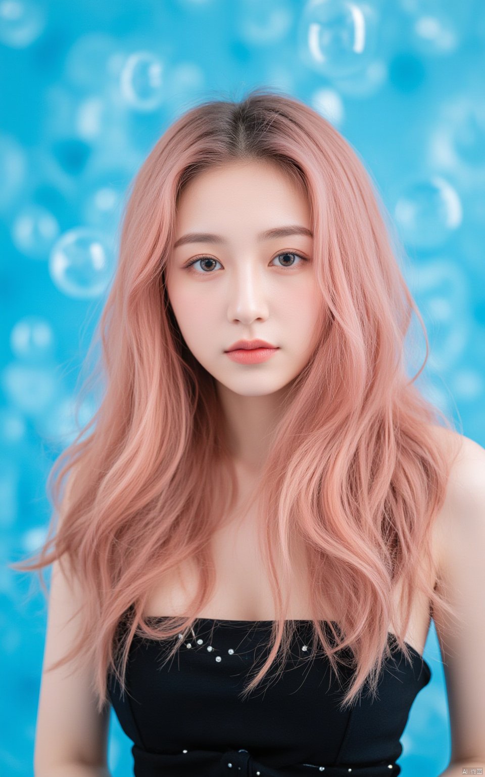 a young Asian woman with long, wavy, light pink hair stands in front of a blue backdrop. Her hair cascades over her shoulders, adding a touch of contrast to her face. She is dressed in a black dress adorned with gold accents, adorned with tiny silver circles. Her eyes are a piercing blue, her eyebrows are a darker shade of brown, and her lips are a lighter shade of pink. The woman's hair is cascading down her left shoulder, framing her right shoulder. The backdrop is made up of a series of bubbles, adding depth to the composition.