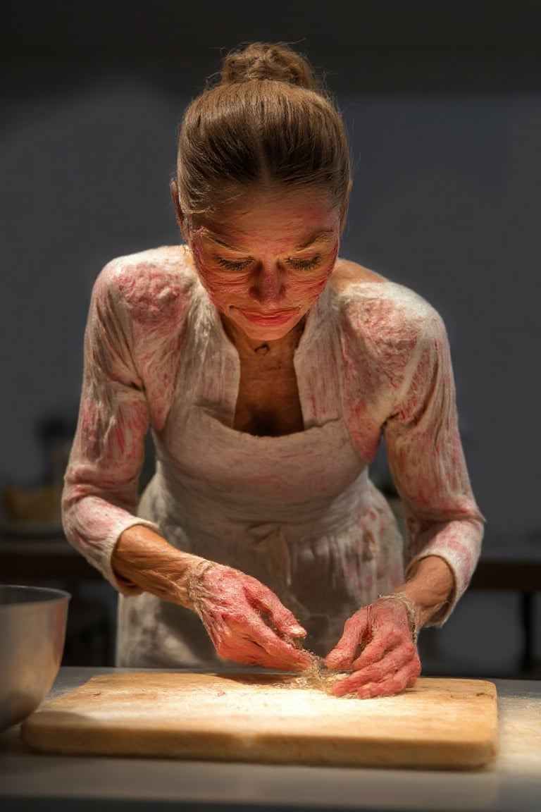 A plastinate as a housewife baking in the kitchen. lighting is cool and diffuse.