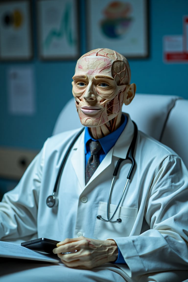 photograph of a plastinate as a doctor enjoying his stay at the hospital. lighting is cool and diffuse.