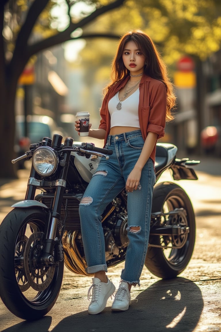 A stylish model in denim jeans, posing confidently with a motorcycle. She holds a coffee cup in one hand, with the other resting on the bike. The scene is set in a vibrant urban street, with soft morning light casting a warm glow. The composition is dynamic, capturing the model's chic demeanor and the sleek lines of the motorcycle.