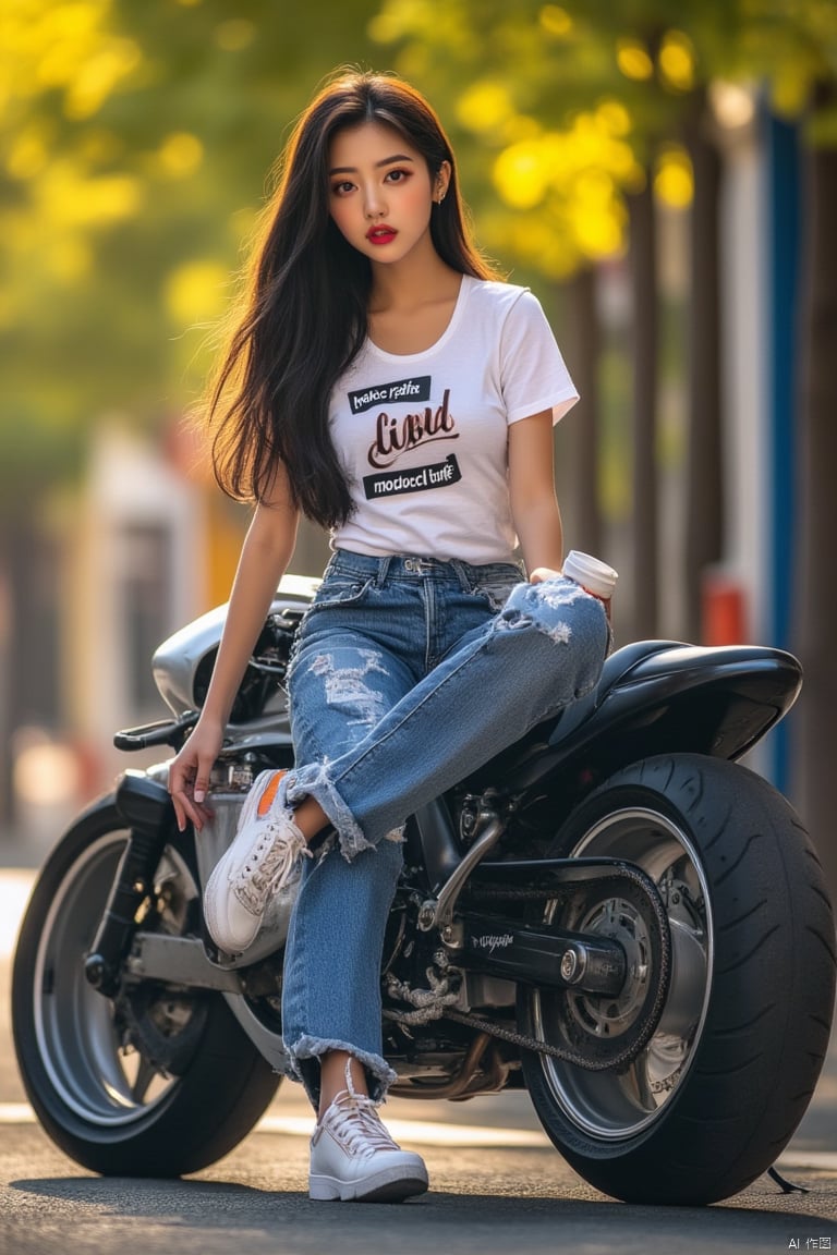 A stylish model in denim jeans, posing confidently with a motorcycle. She holds a coffee cup in one hand, with the other resting on the bike. The scene is set in a vibrant urban street, with soft morning light casting a warm glow. The composition is dynamic, capturing the model's chic demeanor and the sleek lines of the motorcycle.