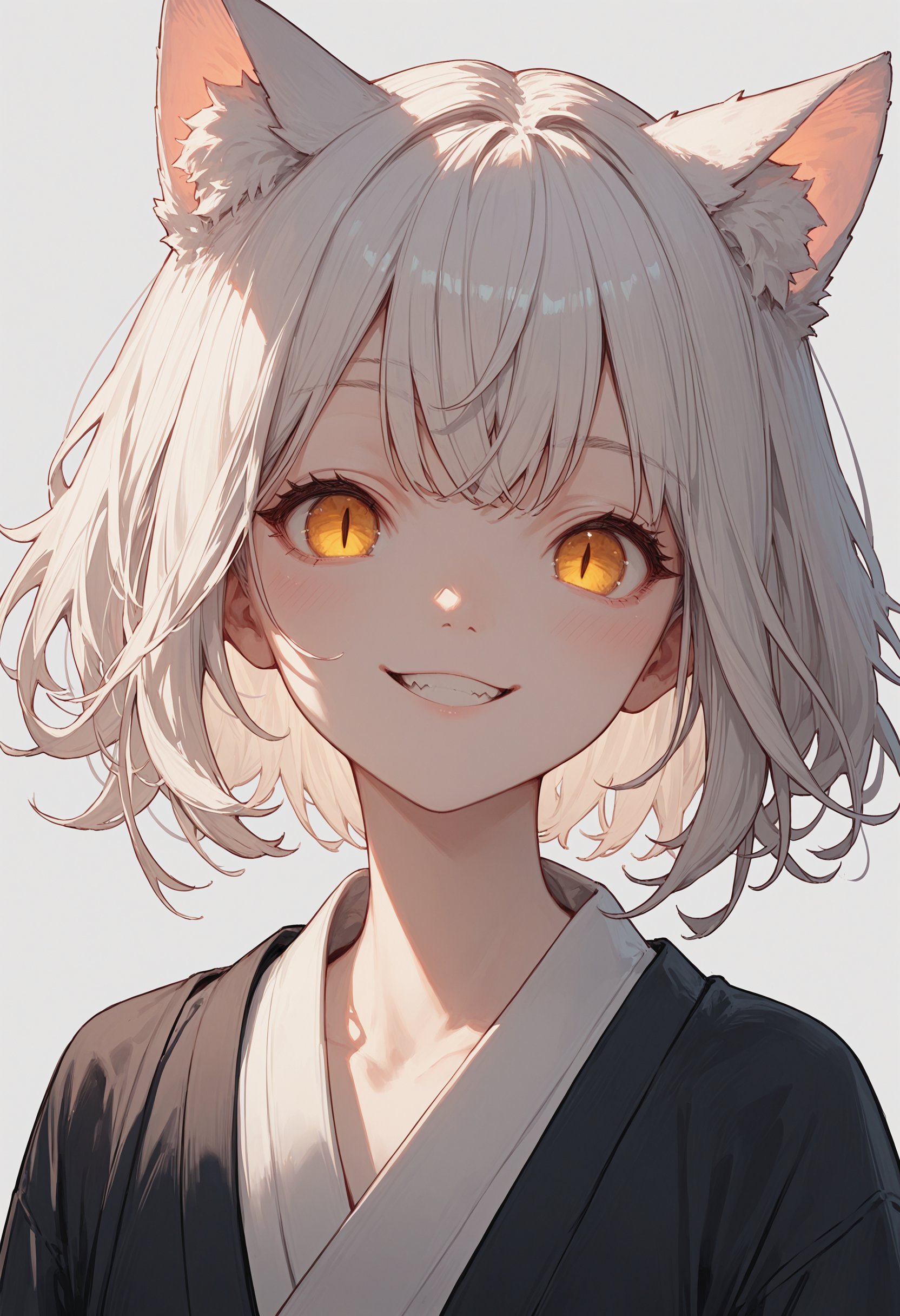 source_anime, score_9, score_8_up, score_7_up, score_6_up,Japanese art style,1girl, solo, catgirl, cat ears, white hair, bangs pinned up, golden eyes, vertical pupils, pale skin, little smile 