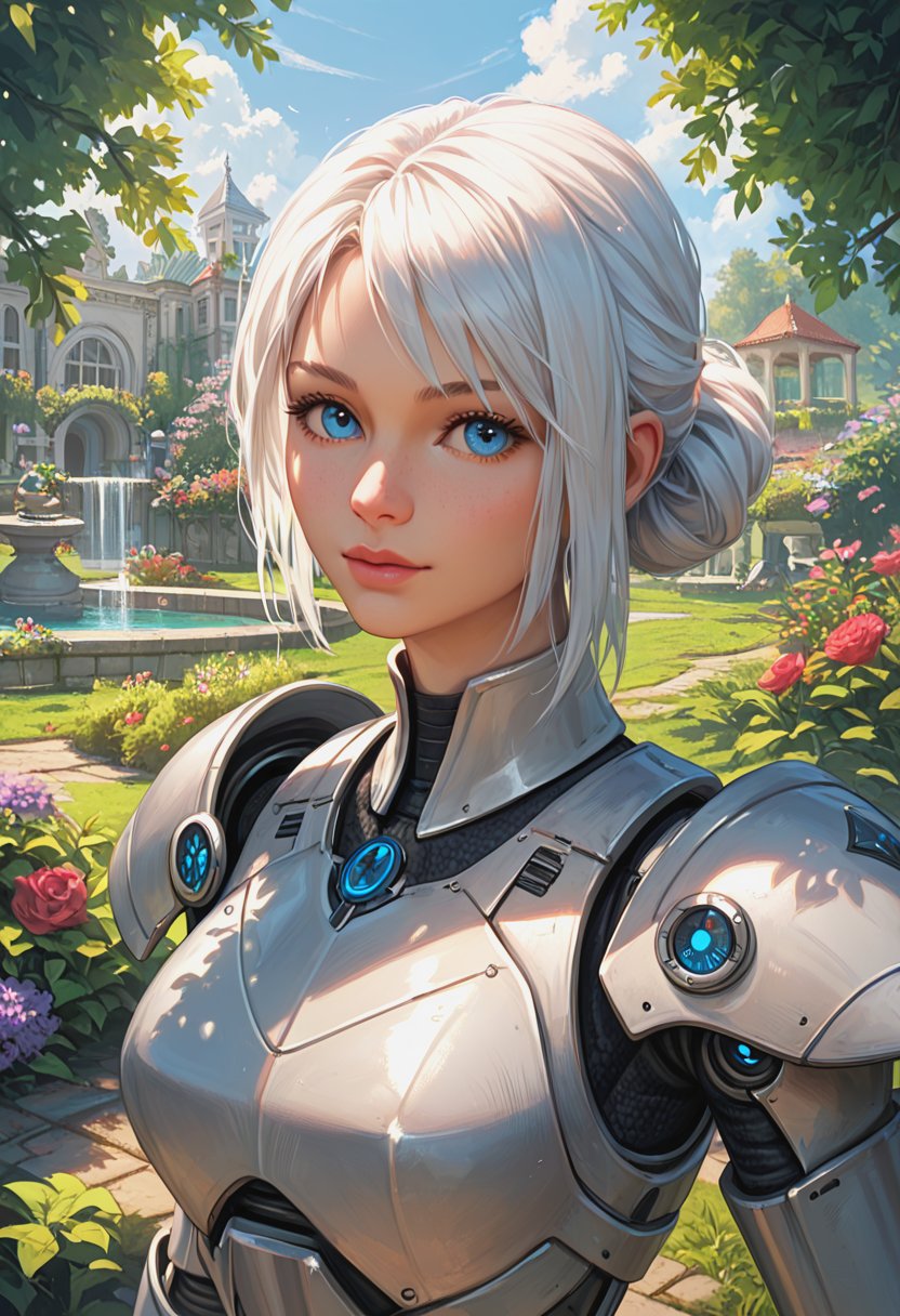  score_9, score_8_up, score_7_up, score_6_up, score_5_up, score_4_up,(a close up cinematic shot of a beautiful female Cyborg Samurai, wearing blue and white armor, beautiful white hair, detailed blue eyes, garden in background, HD, masterpiece, best quality, hyper detailed, ultra detailed:1.2)