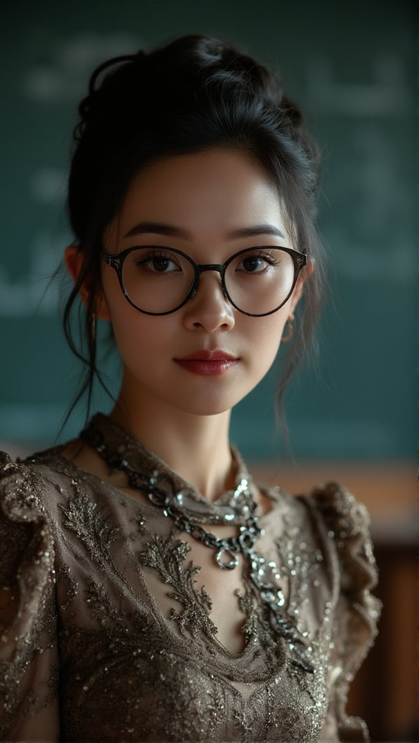 raw photo, photography, 35 mm, (cowboy shot), straight and front view of a woman, beautiful face, (luxurous woman:1.2), (20 years old), fashion and luxury elegant outfit, fashion glasses, hair bun, black hair, blackboard classroom background, natural light, upper body,PTAIAsianBeauty