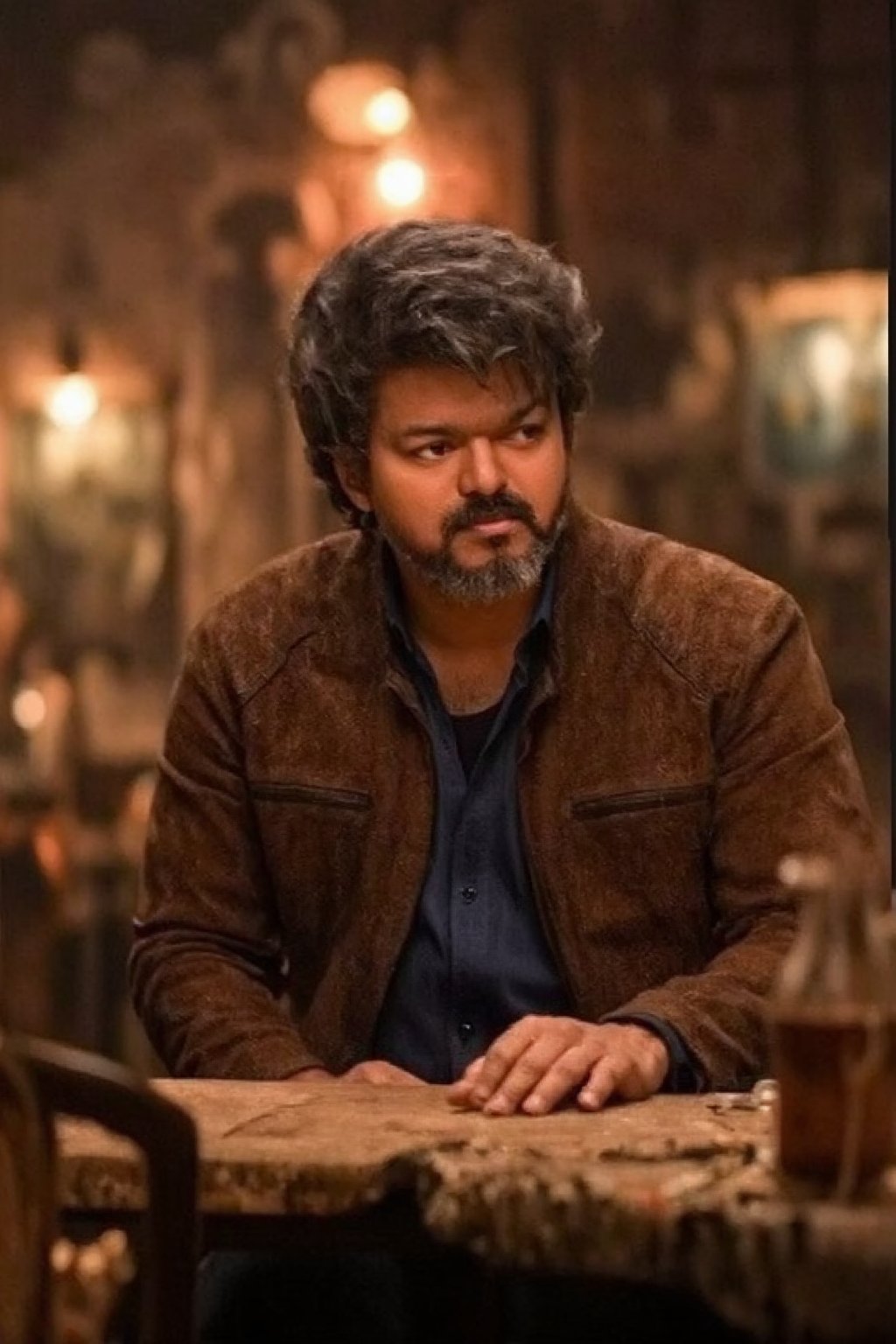 A contemplative parthiban vijay seated at a rustic wooden table in a softly lit, cozy café setting, surrounded by vintage decor and exposed brick walls. The atmosphere exudes warmth, with subtle touches of amber lighting casting soft shadows. parthiban vijay wears a textured brown leather jacket over a deep blue shirt, showcasing a casual yet stylish demeanor. In the foreground, a slightly blurred bottle and a few scattered artifacts add depth and interest. The overall aesthetic is hyperrealistic, emphasizing intricate details like the character’s tousled hair, the warmth of the café's ambiance, and the rich colors of the setting, blending browns, blues, and warm ambers harmoniously.