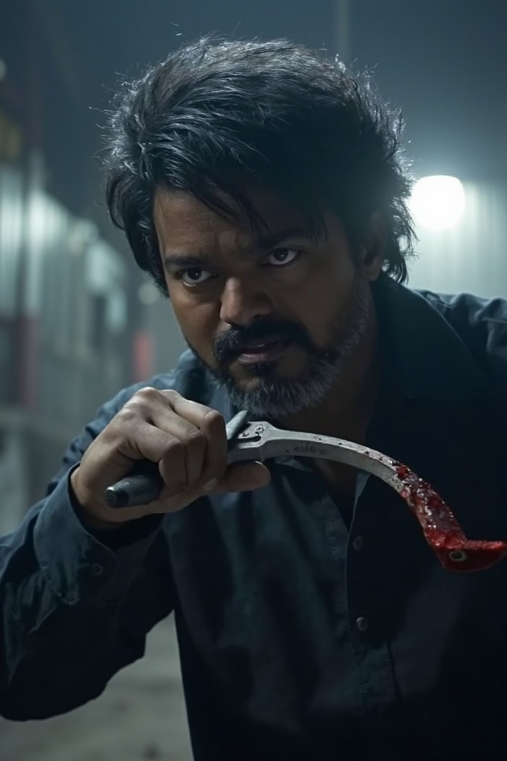 Close-up of parthiban in a dramatic pose, clutching a bloodied horse shoe, surrounded by a cinematic, high-stakes atmosphere. The scene is set against a dimly lit urban backdrop, infused with a sense of tension. The colors are predominantly gray and muted tones, but accentuated with splashes of red from the horse shoe. The overall aesthetic echoes hyperrealism, with sharp details and a moody, gritty texture that conveys a sense of urgency and danger. The composition draws the viewer's eye to the weapon, highlighting the theme of conflict.