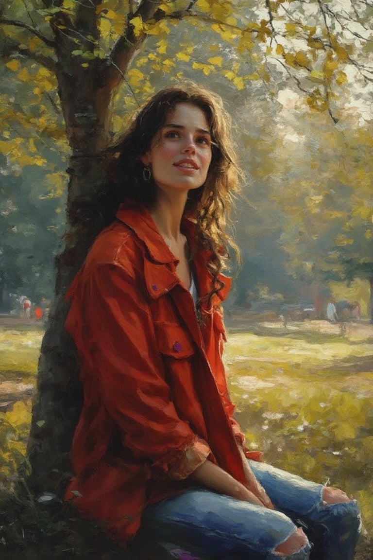 Beautiful woman, sitting in the park, wearing a red jacket, under a tree, midday sun, Oil painting effect 