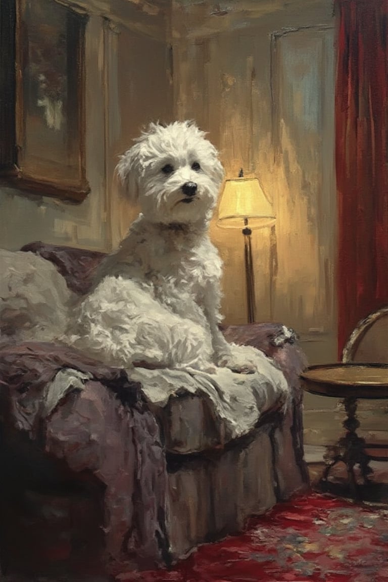 White dog, cute, sitting on sofa, looking at camera, living room, cloth on sofa, painting on wall, standing lamp with dim yellow light, coffee table, red carpet, small round sofa ,Oil painting effect 