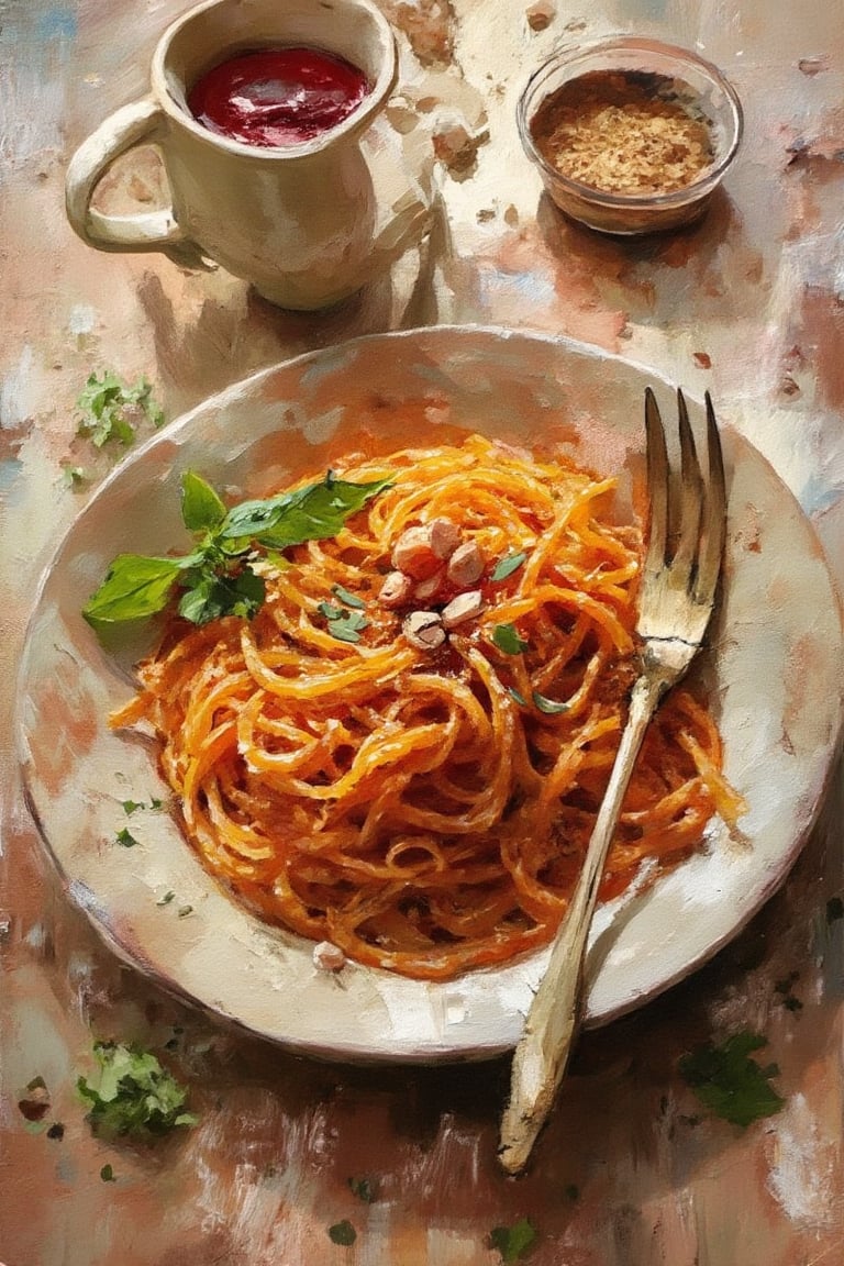 A plate of spaffeti, lots of seasonings, a fork, tomato sauce, a coaster, Oil painting effect 