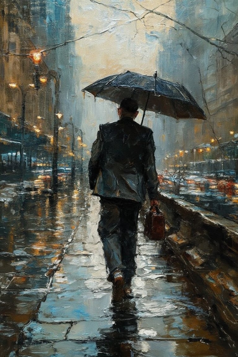 Handsome man, walking with umbrella, rain, afternoon, sidewalk, wet road, holding brown briefcase, Oil painting effect 