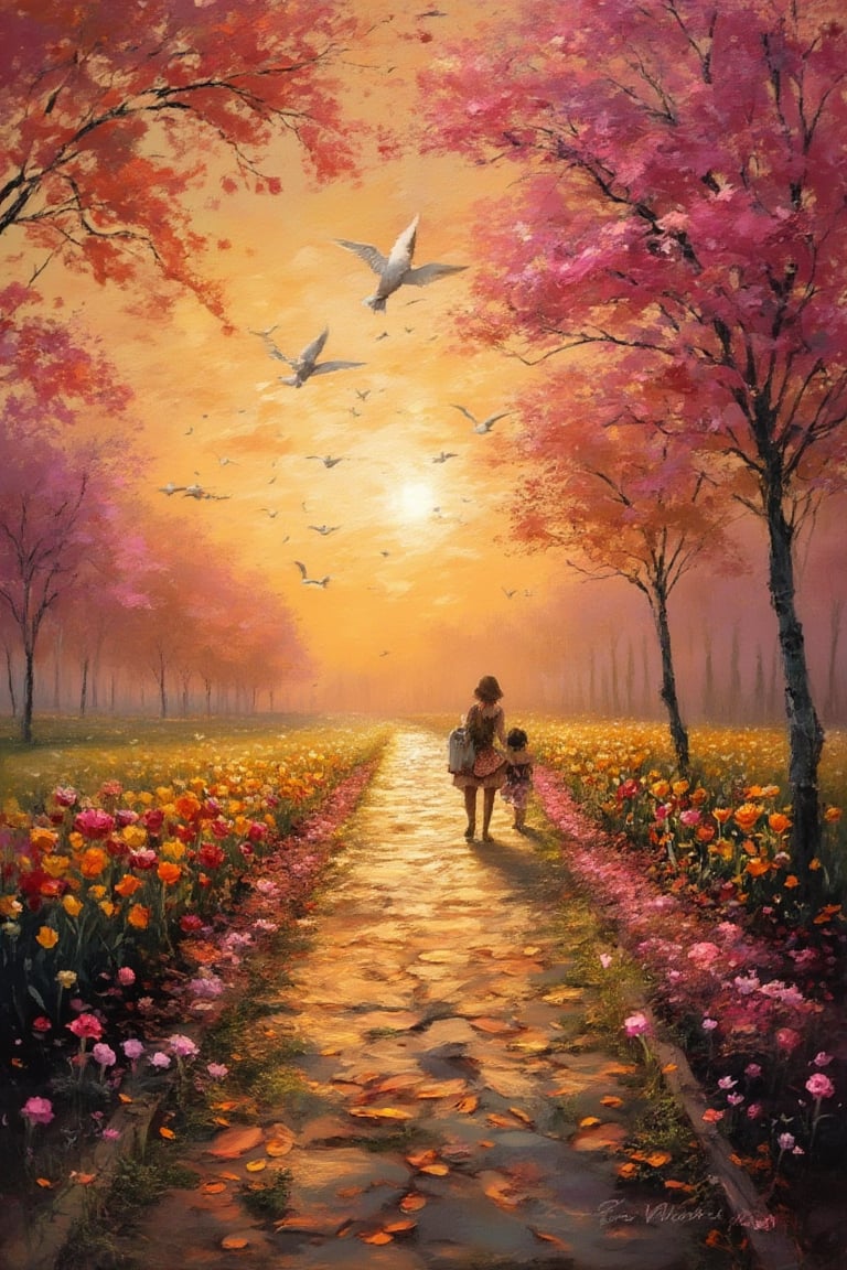 Flower garden, afternoon, people walking, orange sky, sunset, flock of birds ,Oil painting effect 