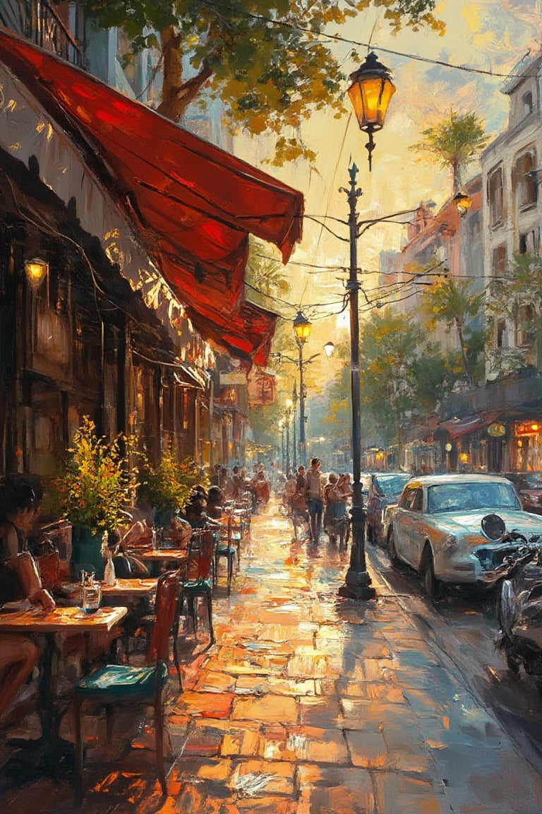 City streets, shops, cafe tables and chairs outside the cafe, people sitting while enjoying coffee, afternoon, orange sky, cars, motorbikes, pedestrians,Oil painting effect 