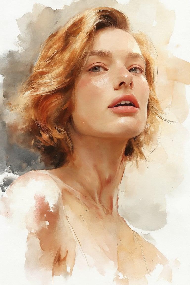 Beautiful woman, short golden hair, red lips, watercolor splashes in the background, Watercolor painting style 