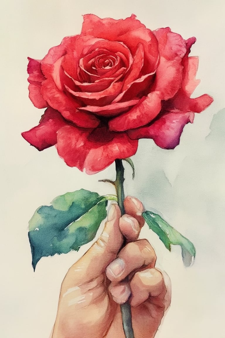 A beautiful red rose, a hand holding the stem of the rose,Watercolor painting style 