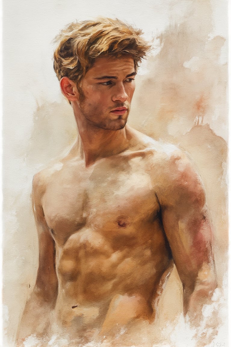 Handsome man, short golden hair, muscle body, watercolor splashes in the background, Watercolor painting style 